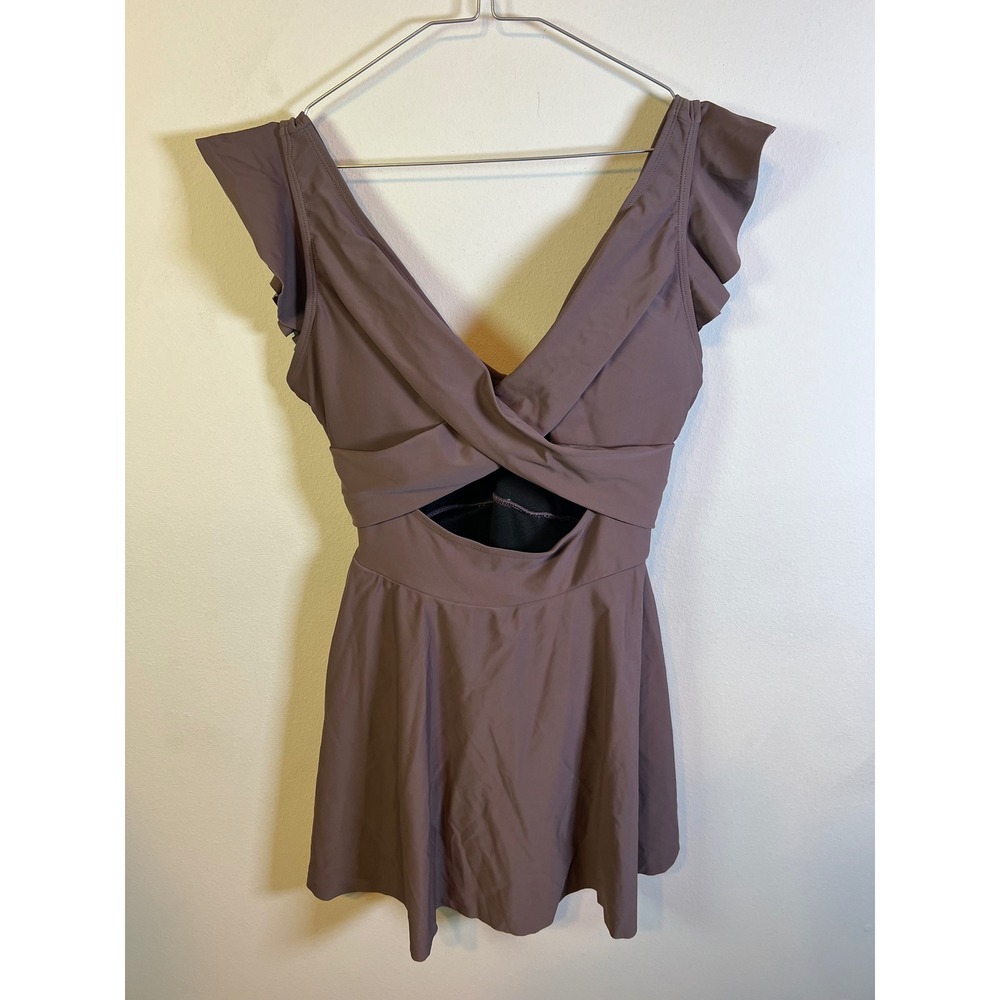 Women Swim Dress Ruffle Sleeve Cutout Mauve Brown Size M‎